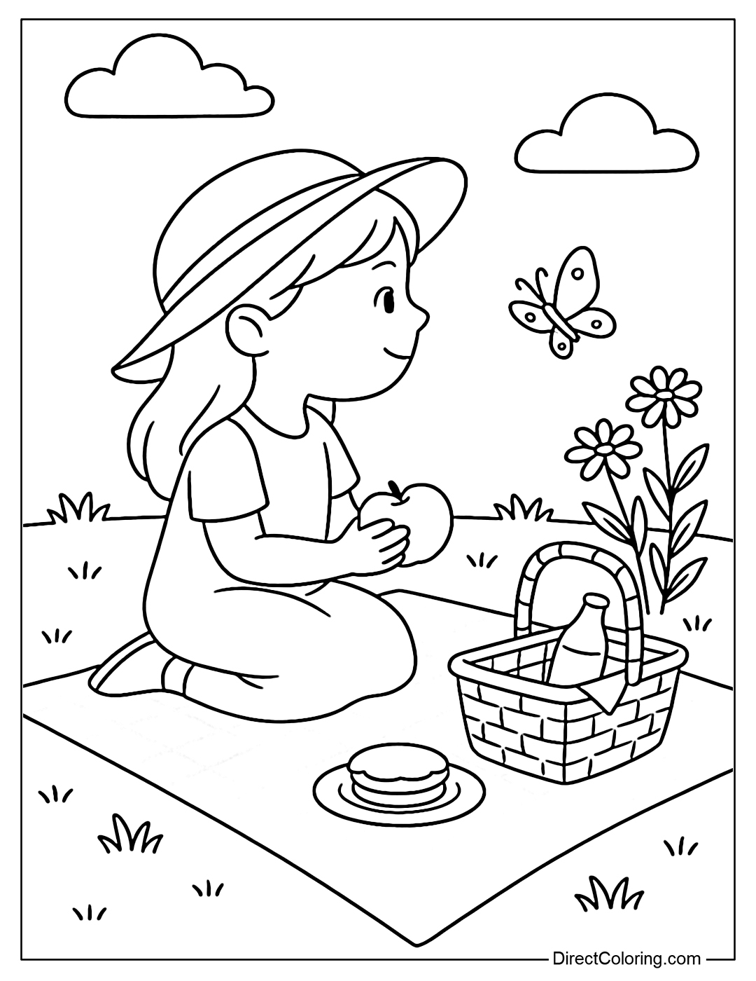 Coloring page of a girl sitting on a picnic watching butterflies flutter around the flowers and grass nearby.